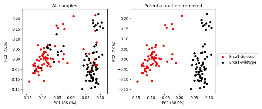 Figure 2: PCA plot showing PC1 and PC2, and percent variance explained in parentheses. PCA was performed on the RNA-seq data (14,137 genes and 149 samples). Brca1 has a huge impact on a sample’s transcriptome and explains most of the data’s variance. The figure also shows some potentially mislabelled or outlier samples.